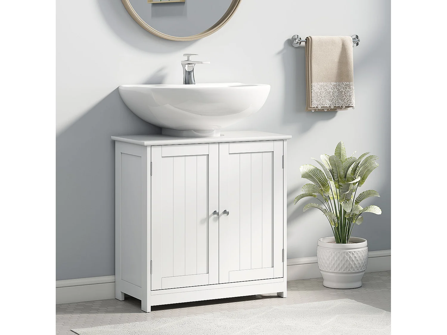 60cm White Under Sink Cabinet Double Doors Adjustable Shelf U Cut for Basin