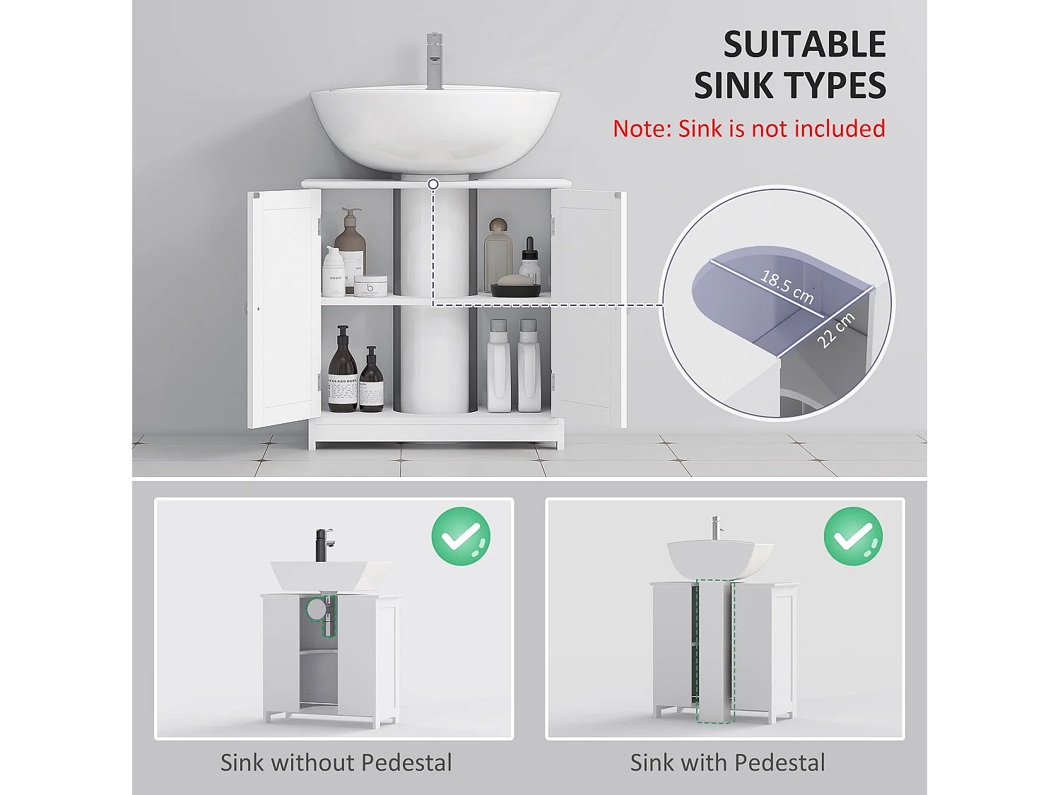 60cm White Under Sink Cabinet Double Doors Adjustable Shelf U Cut for Basin