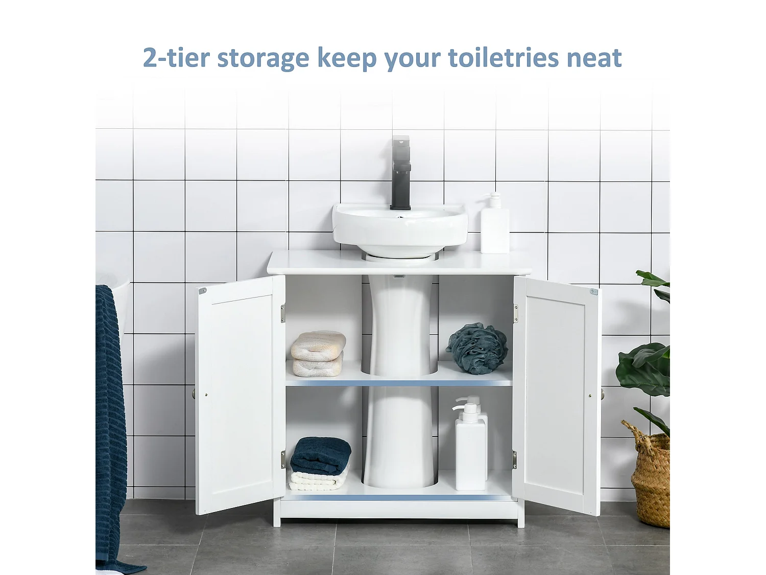 60cm White Under Sink Cabinet Double Doors Adjustable Shelf U Cut for Basin