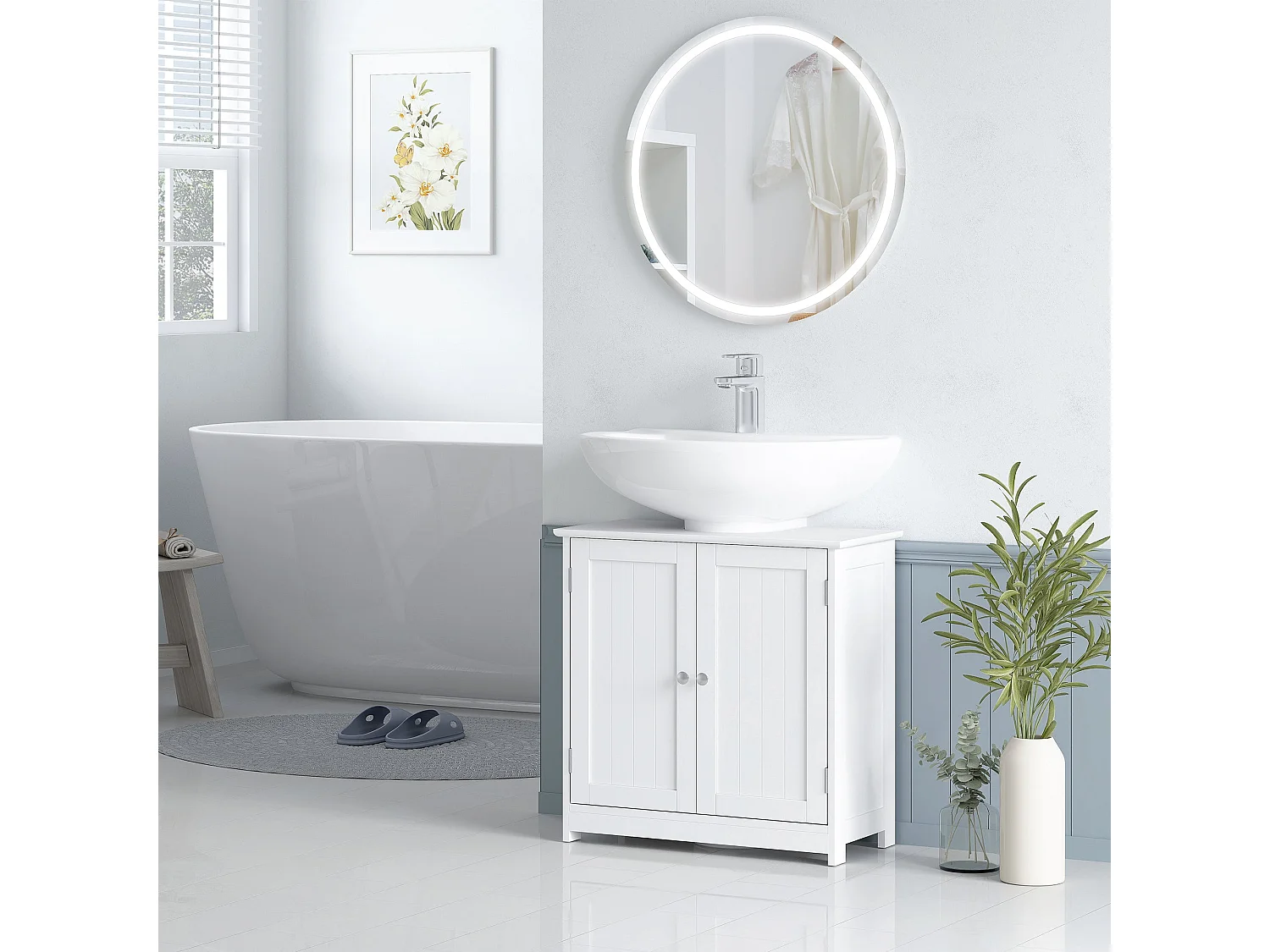 60cm White Under Sink Cabinet Double Doors Adjustable Shelf U Cut for Basin