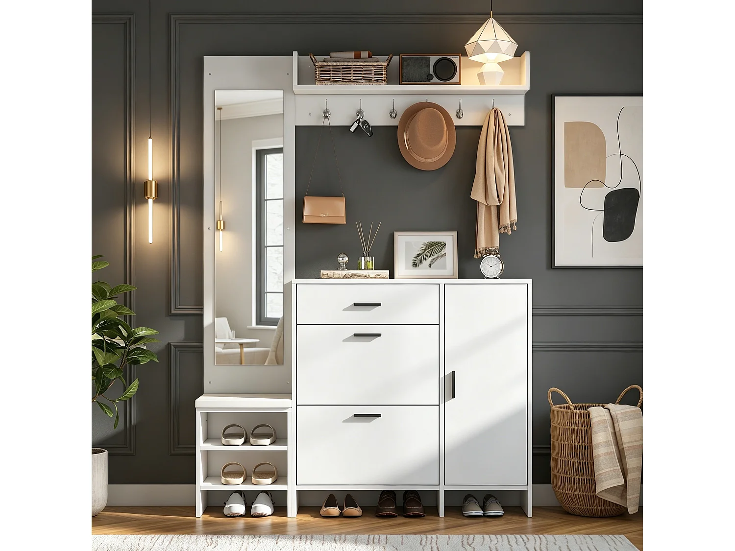 Garderoben-Set 140x30x200 cm - Mit Schuhschrank und Bank - Mit Spiegel und Haken - MDF - Weiß
