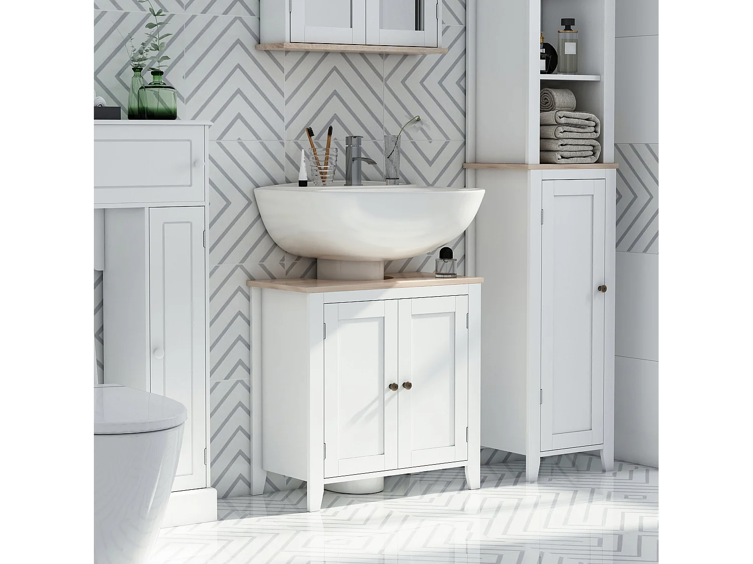 Luzi Freestanding Under Sink Cupboard with Adjustable Shelf White and Wood effect