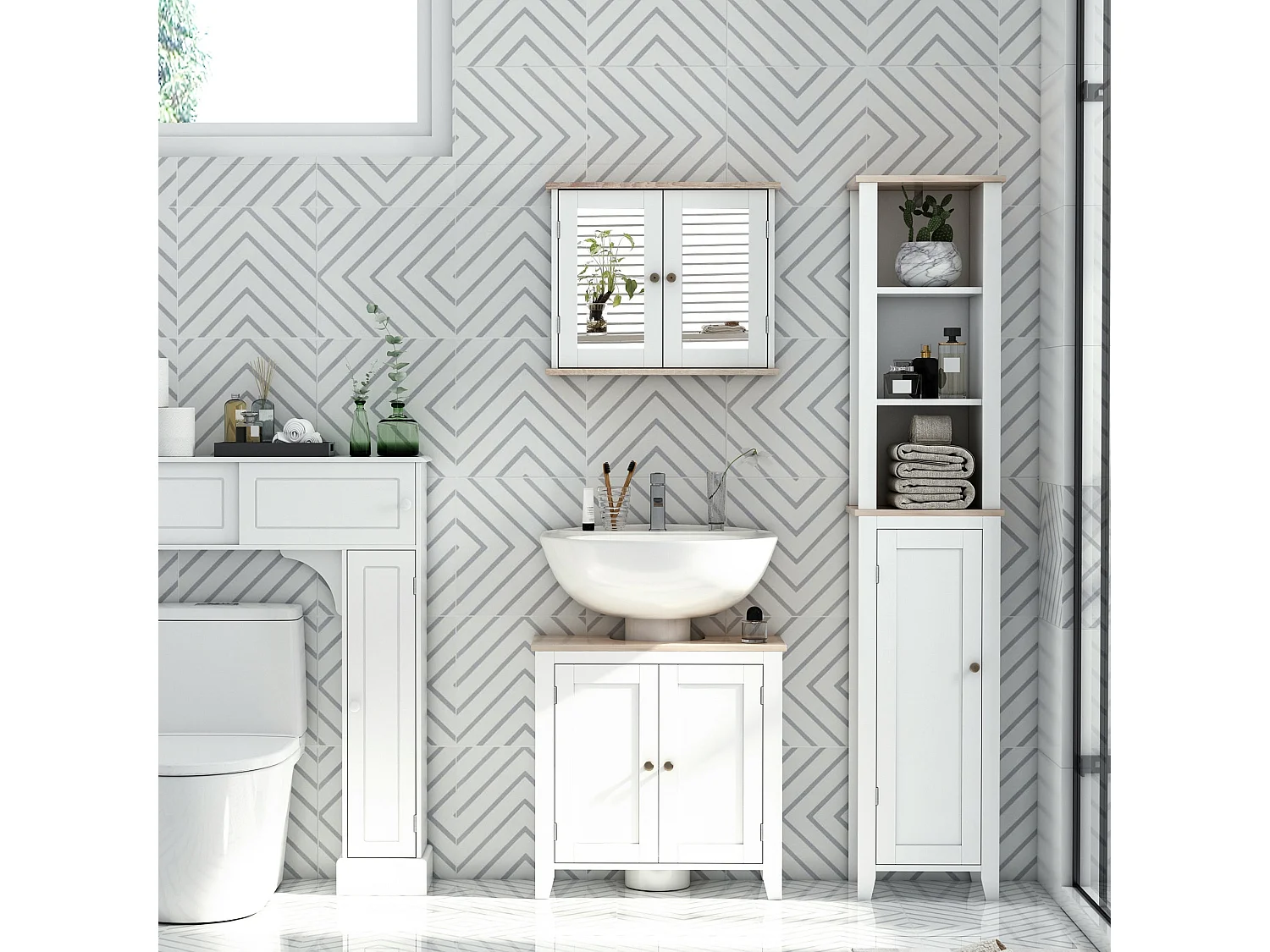 Luzi Freestanding Under Sink Cupboard with Adjustable Shelf White and Wood effect