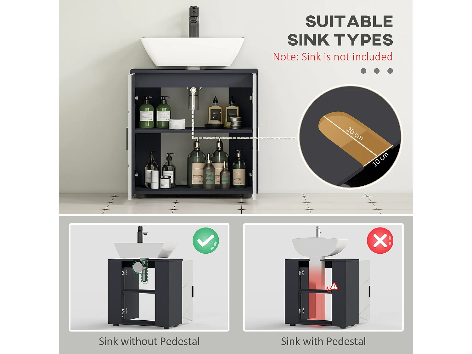 Kipae Light Grey Under Sink Vanity Cabinet 60x30x60cm Double Doors Adjustable Shelf U Cut Out