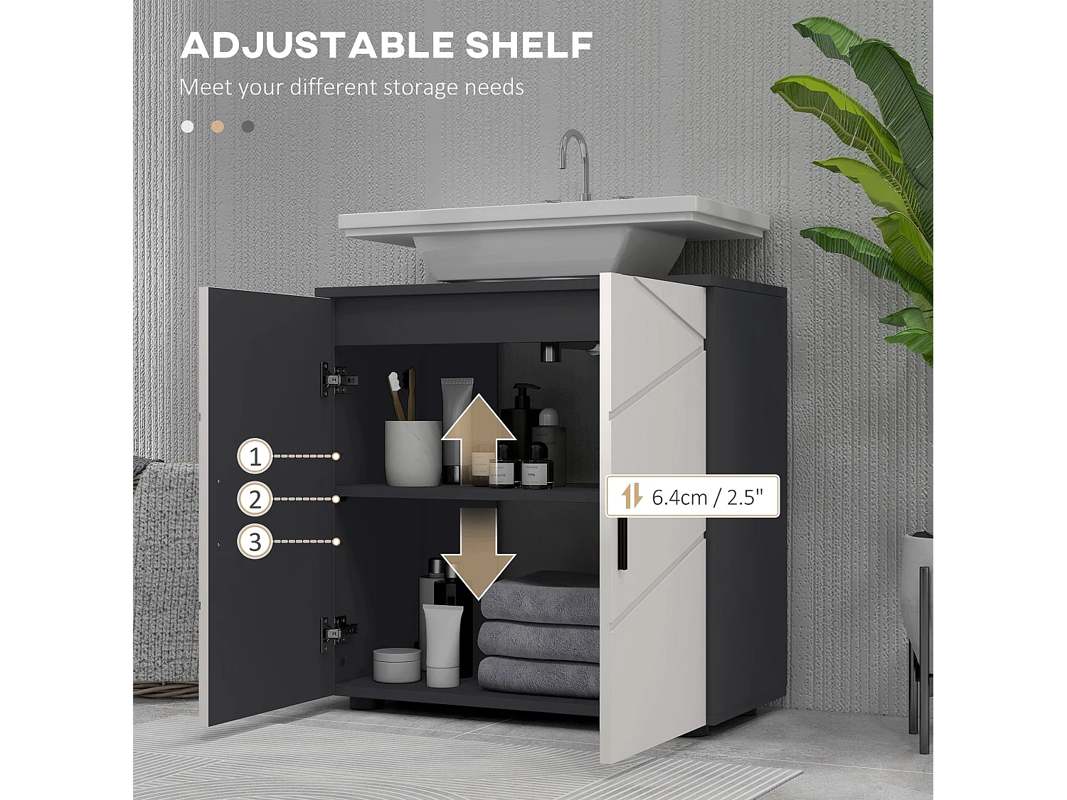 Kipae Light Grey Under Sink Vanity Cabinet 60x30x60cm Double Doors Adjustable Shelf U Cut Out