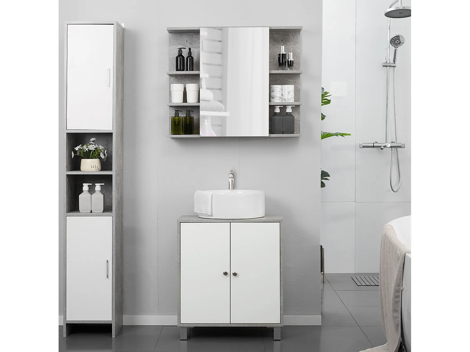 Lireco Under Sink Vanity Storage Cabinet with Adjustable Shelves White and Grey
