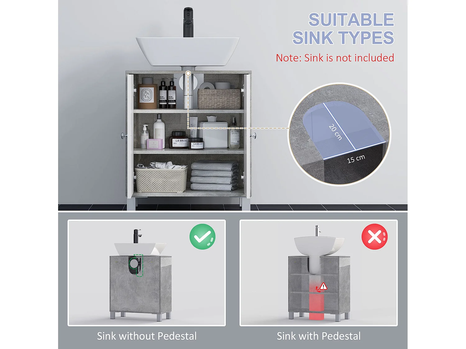 Lireco Under Sink Vanity Storage Cabinet with Adjustable Shelves White and Grey