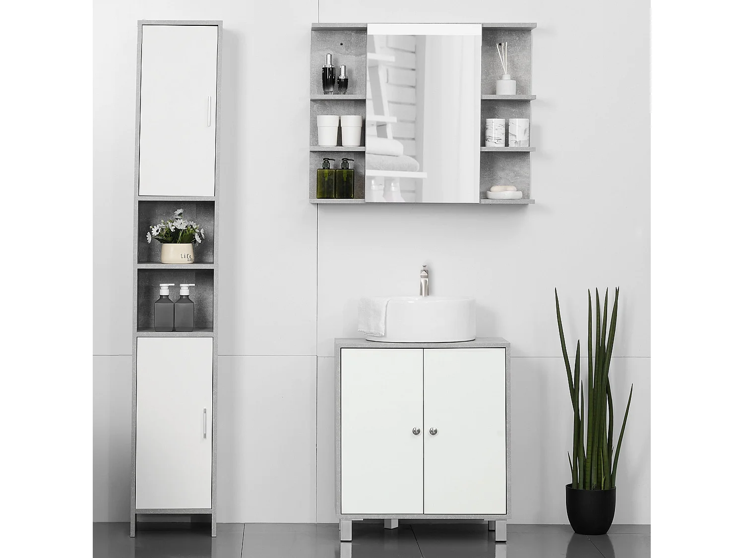 Lireco Under Sink Vanity Storage Cabinet with Adjustable Shelves White and Grey