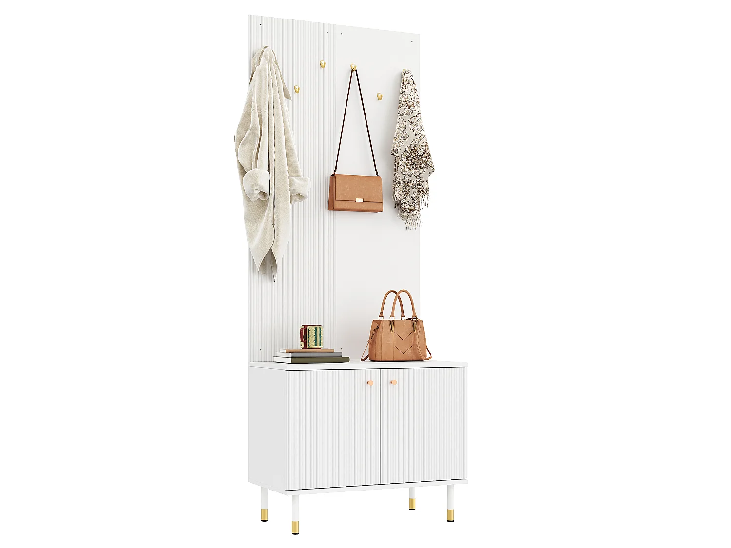 Flurmöbel-Set 70x35x180 cm - Schuhschrank mit 2 Türen - Haken - Metallfüße - MDF - Weiß