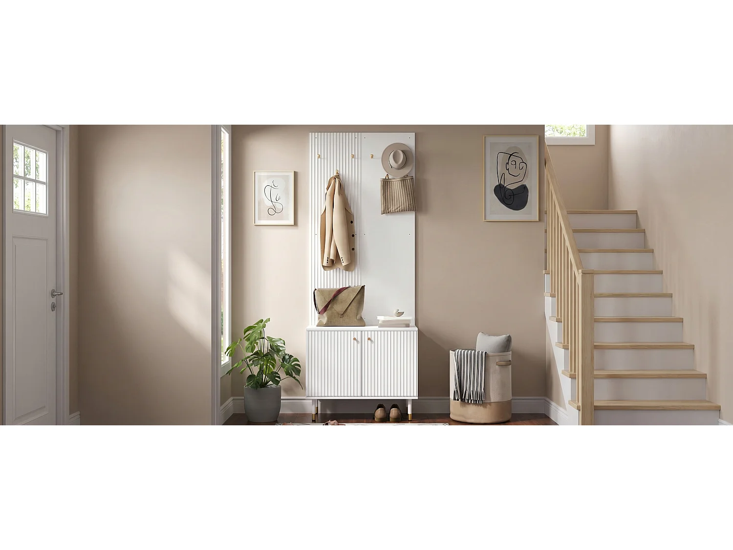 Flurmöbel-Set 70x35x180 cm - Schuhschrank mit 2 Türen - Haken - Metallfüße - MDF - Weiß