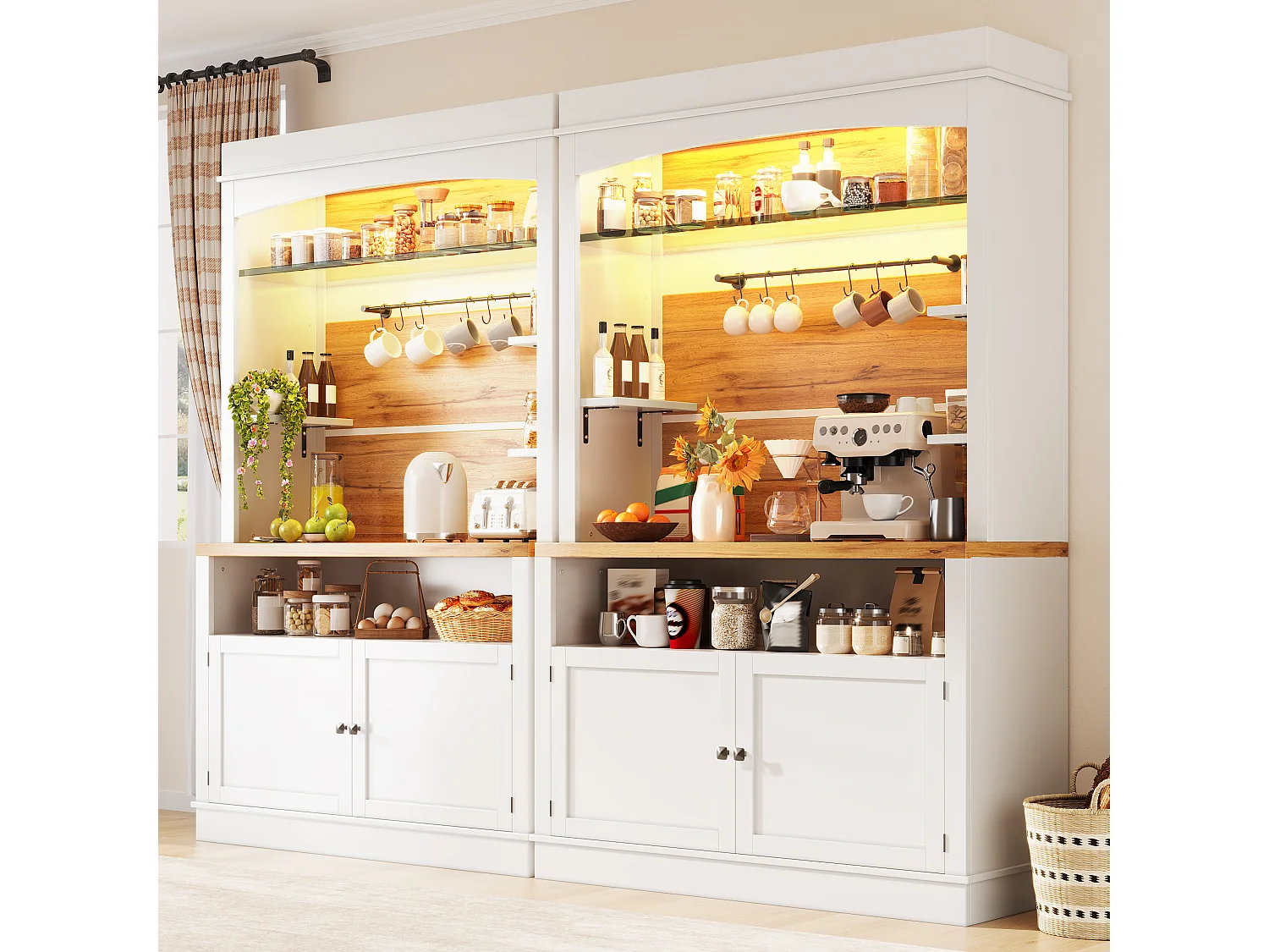 Meuble de cuisine, buffet de cuisine 214x43x184 cm - avec éclairage LED - étagère ouverte - Blanc
