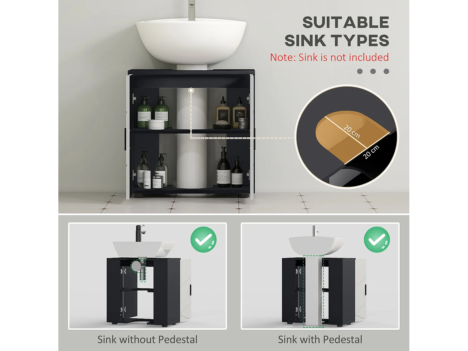Light and Dark Grey Pedestal Sink Storage Cabinet 60x30x60cm