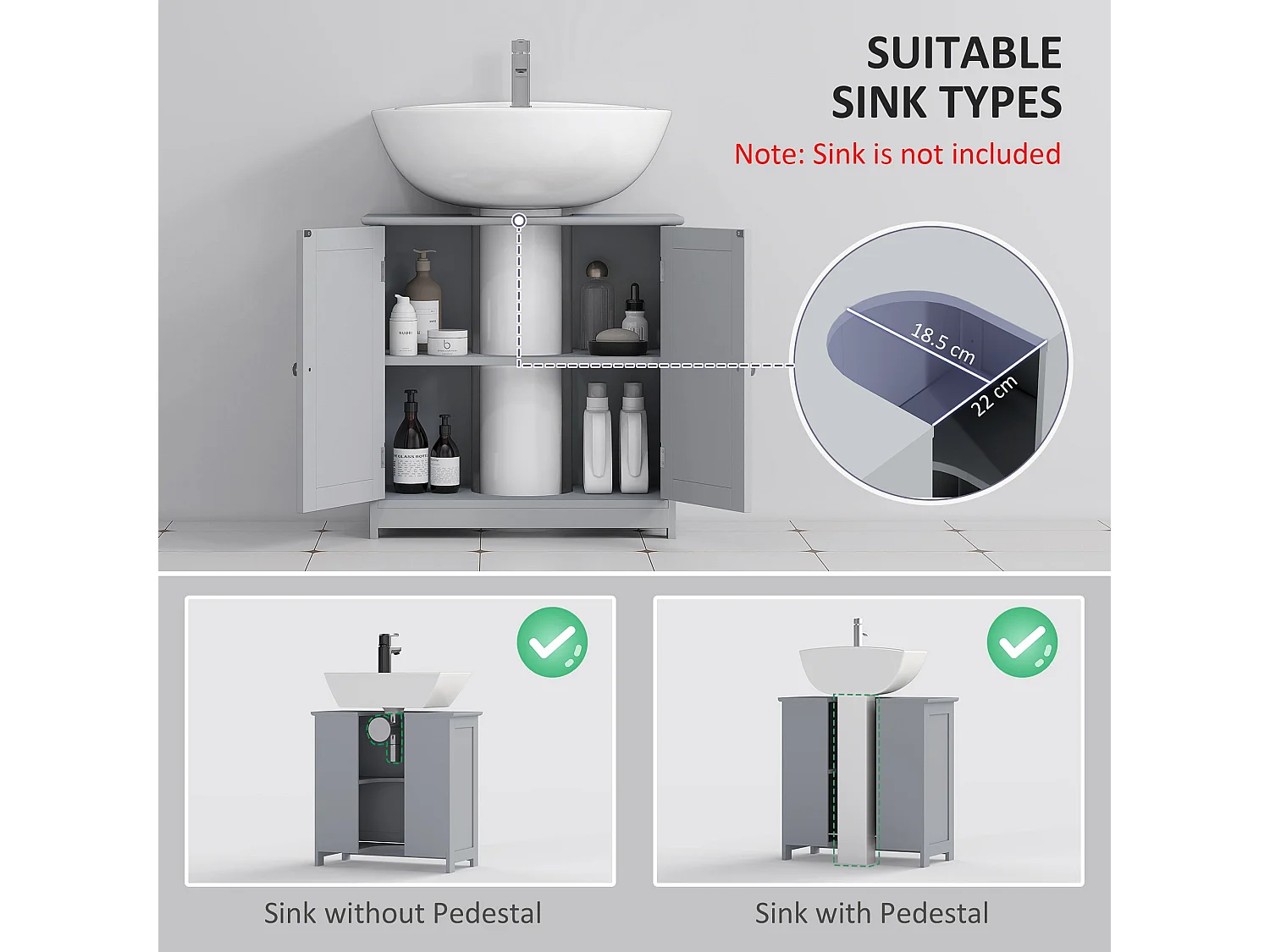 Seseha Grey Under Sink Vanity Cupboard Double Doors U Shaped Cut Out Adjustable Shelf