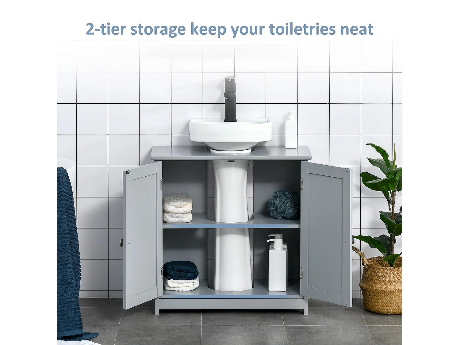 Seseha Grey Under Sink Vanity Cupboard Double Doors U Shaped Cut Out Adjustable Shelf