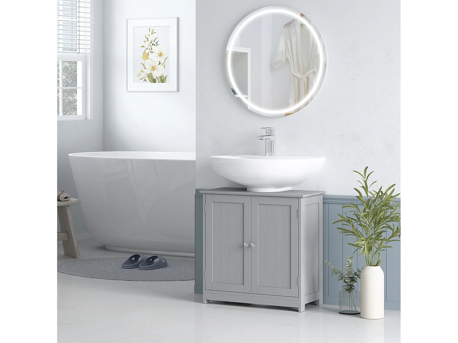Seseha Grey Under Sink Vanity Cupboard Double Doors U Shaped Cut Out Adjustable Shelf