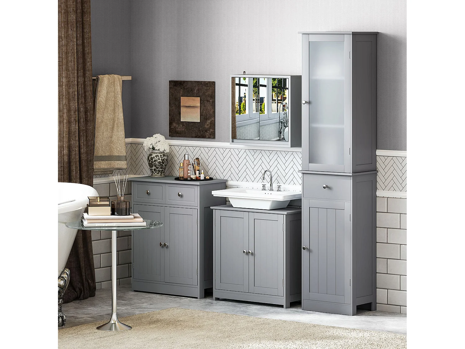 Seseha Grey Under Sink Vanity Cupboard Double Doors U Shaped Cut Out Adjustable Shelf