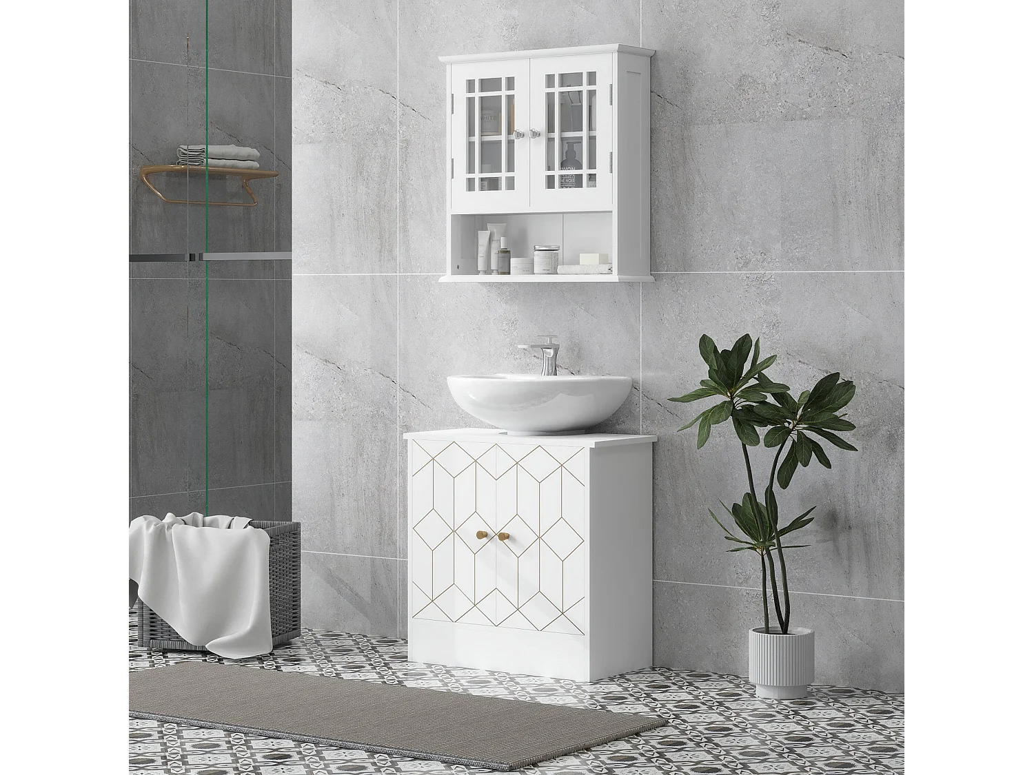 Verado Under Sink Cabinet White Adjustable Shelves with Open Compartments