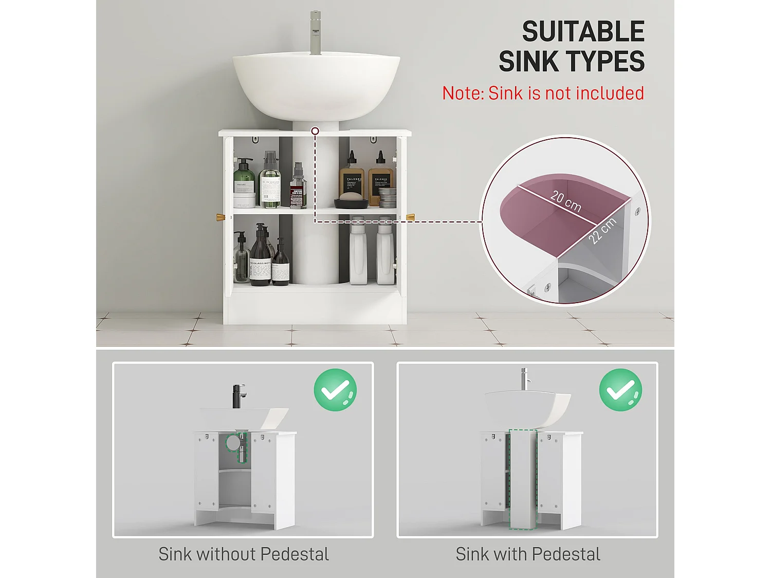 Verado Under Sink Cabinet White Adjustable Shelves with Open Compartments