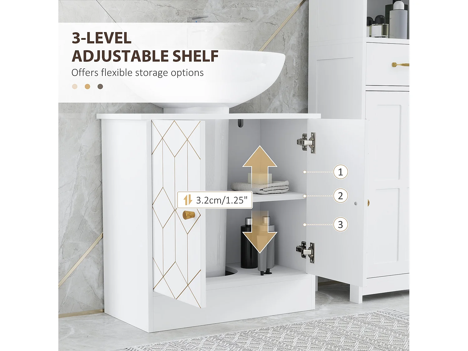 Verado Under Sink Cabinet White Adjustable Shelves with Open Compartments
