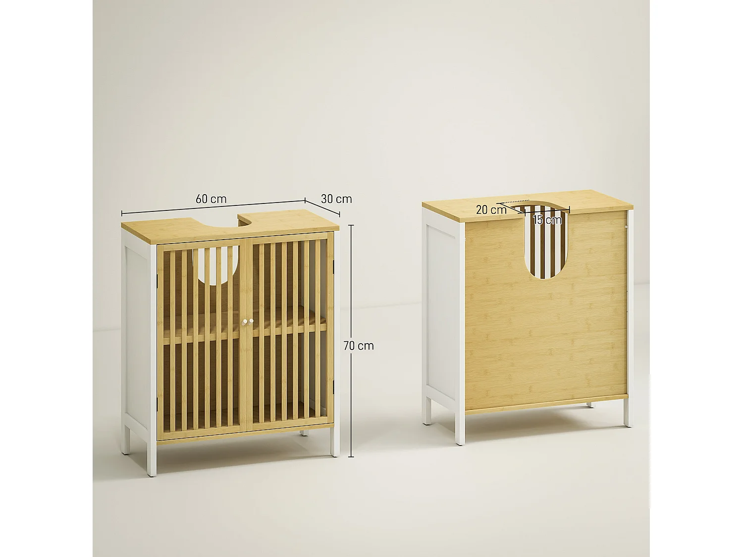 Neyora Bamboo Under Sink Bathroom Cabinet with U Shape Cut Out Double Doors Adjustable Shelves