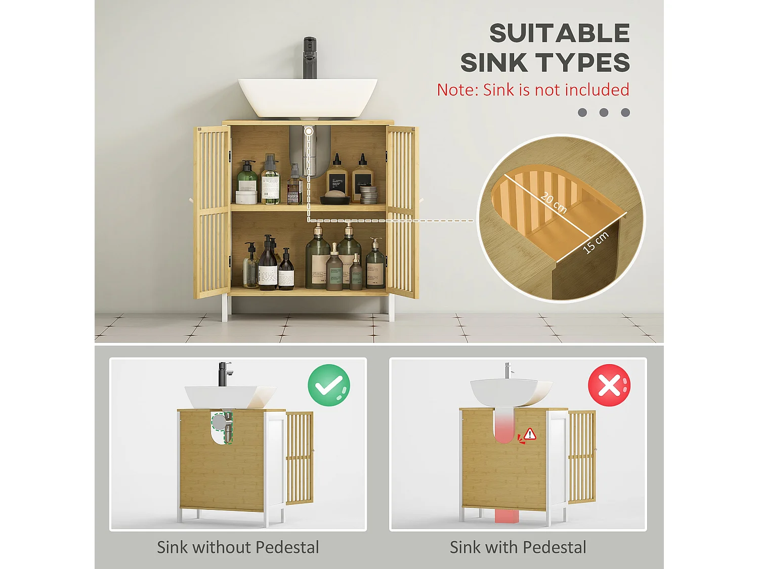 Neyora Bamboo Under Sink Bathroom Cabinet with U Shape Cut Out Double Doors Adjustable Shelves