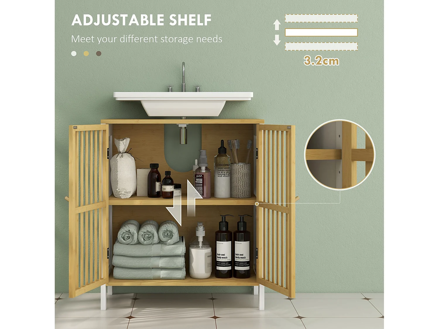 Neyora Bamboo Under Sink Bathroom Cabinet with U Shape Cut Out Double Doors Adjustable Shelves