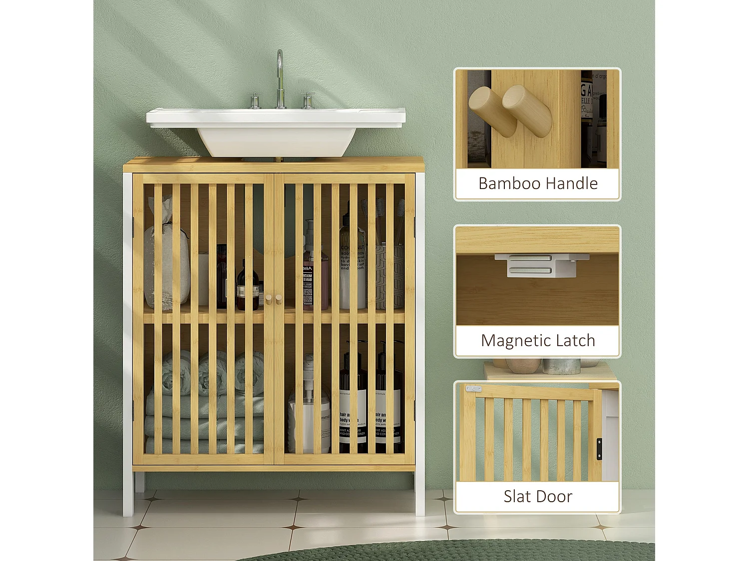 Neyora Bamboo Under Sink Bathroom Cabinet with U Shape Cut Out Double Doors Adjustable Shelves