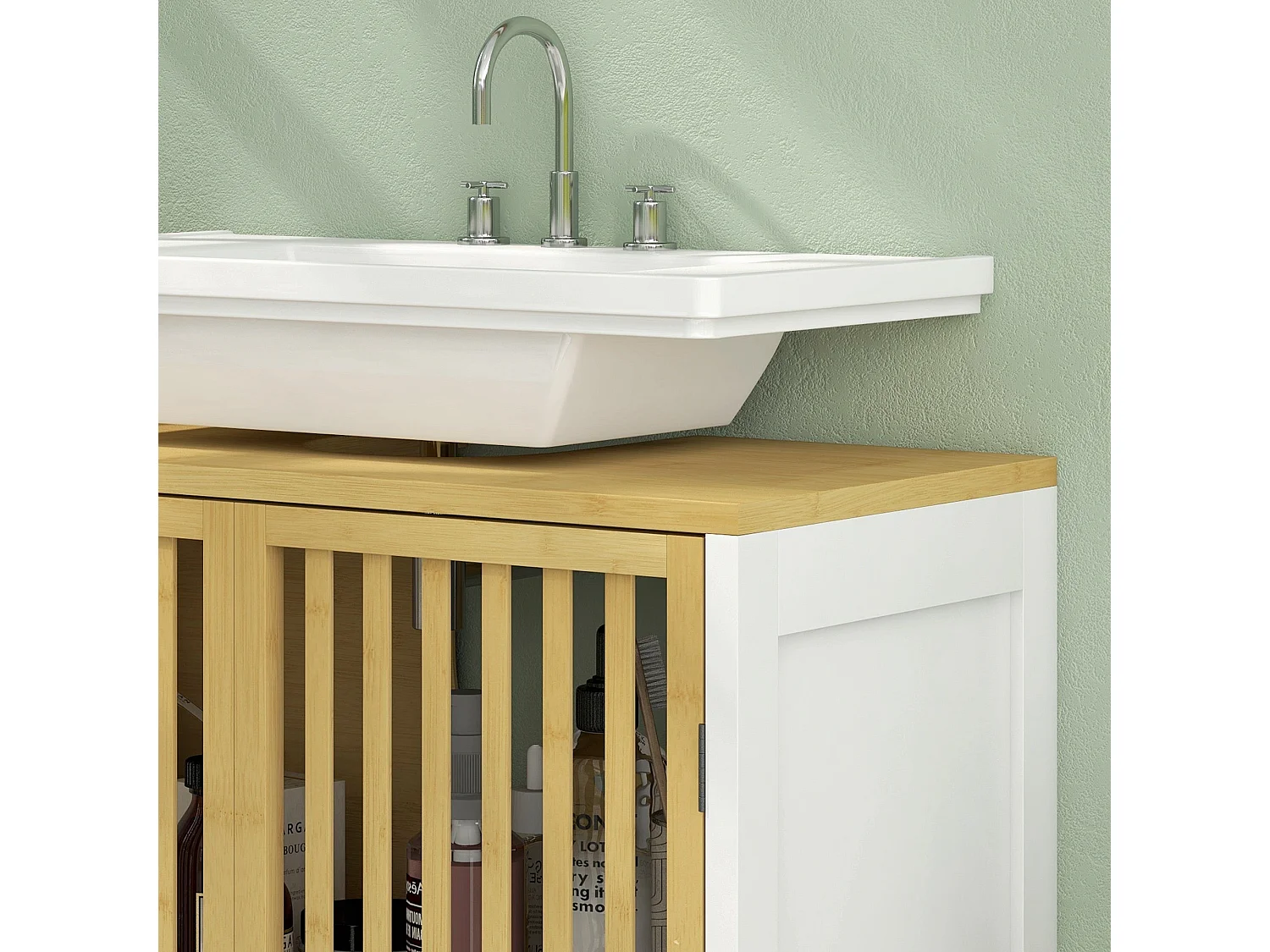 Neyora Bamboo Under Sink Bathroom Cabinet with U Shape Cut Out Double Doors Adjustable Shelves