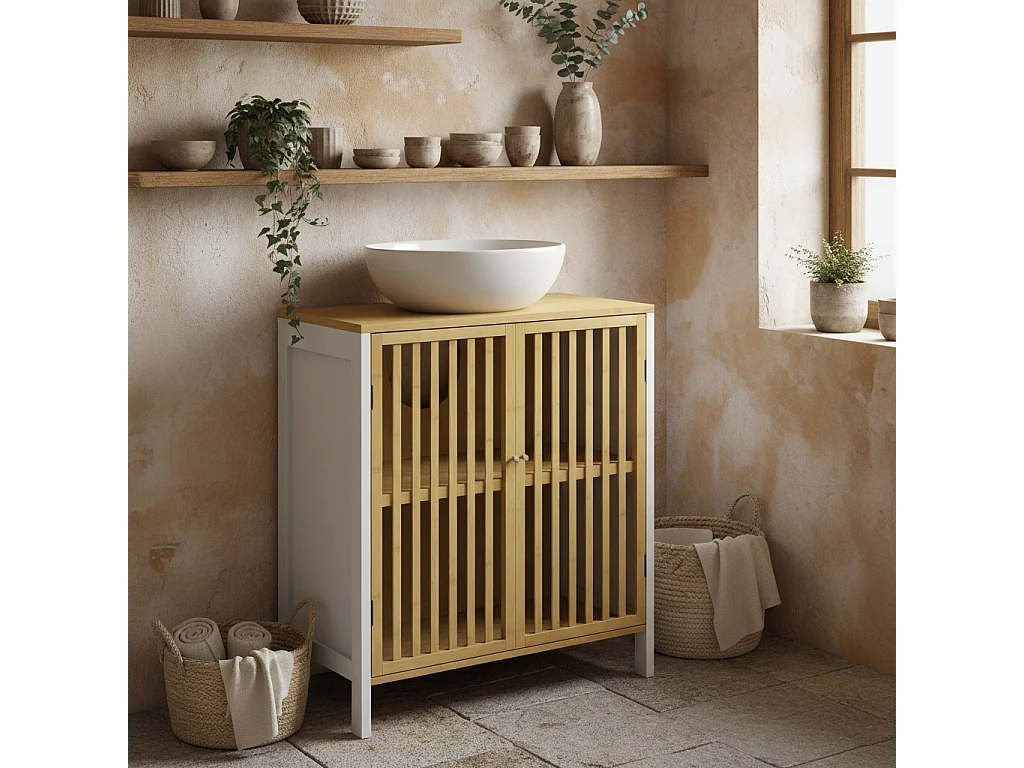 Neyora Bamboo Under Sink Bathroom Cabinet with U Shape Cut Out Double Doors Adjustable Shelves
