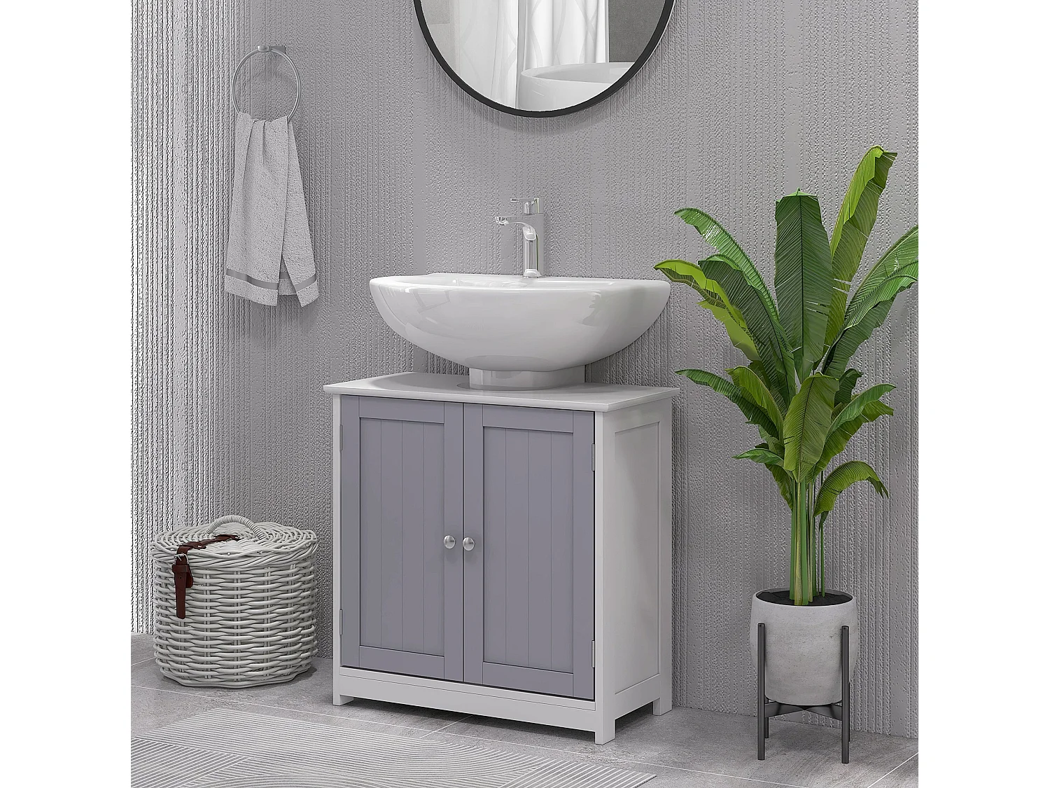 Rova Compact Under Sink Bathroom Storage Cabinet with Adjustable Shelf and Drain Cut Out White and Grey