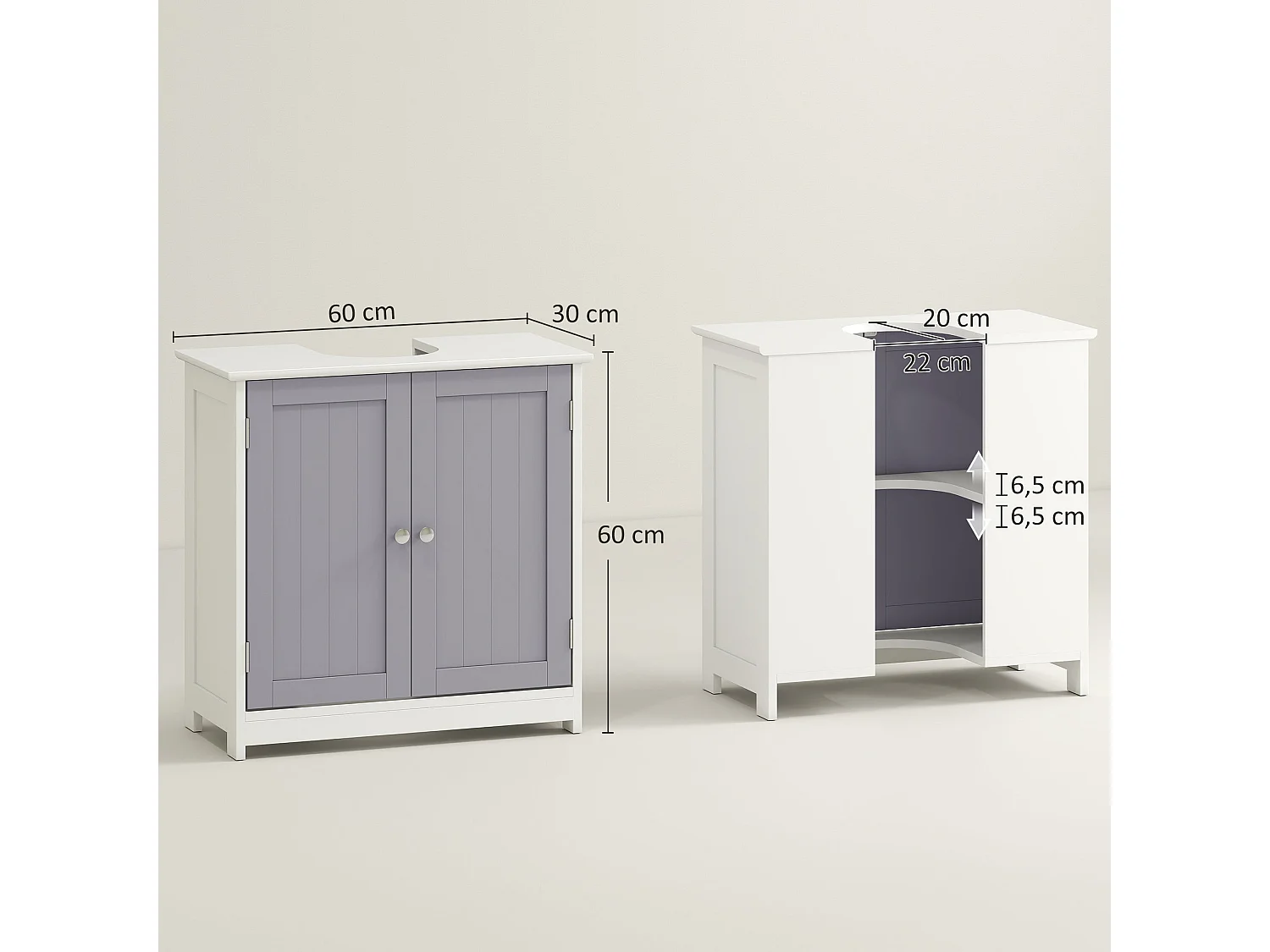 Rova Compact Under Sink Bathroom Storage Cabinet with Adjustable Shelf and Drain Cut Out White and Grey