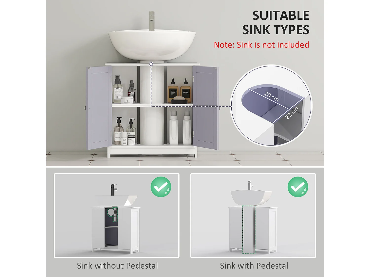 Rova Compact Under Sink Bathroom Storage Cabinet with Adjustable Shelf and Drain Cut Out White and Grey