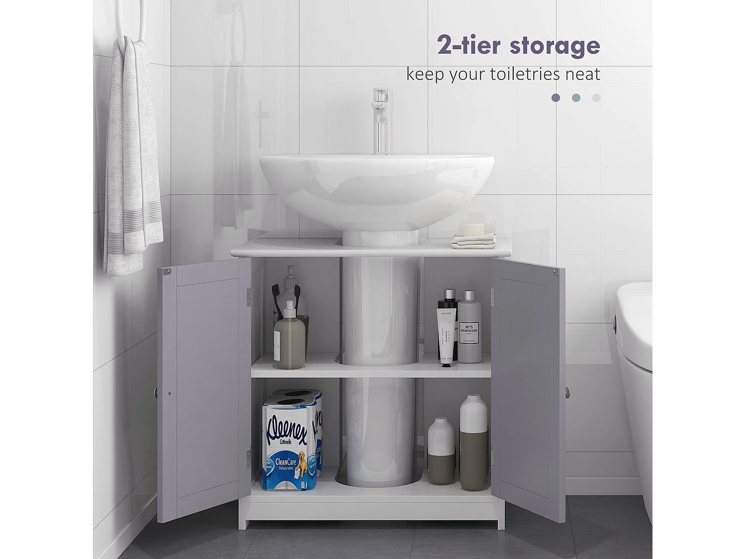 Rova Compact Under Sink Bathroom Storage Cabinet with Adjustable Shelf and Drain Cut Out White and Grey