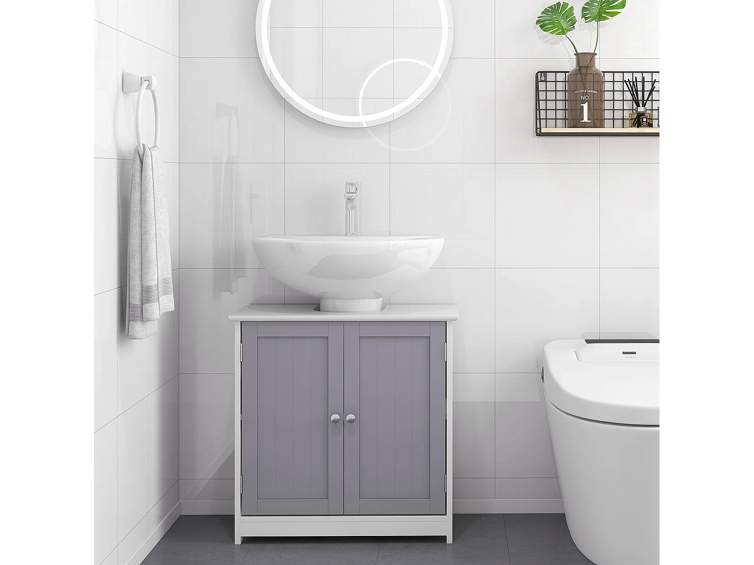 Rova Compact Under Sink Bathroom Storage Cabinet with Adjustable Shelf and Drain Cut Out White and Grey
