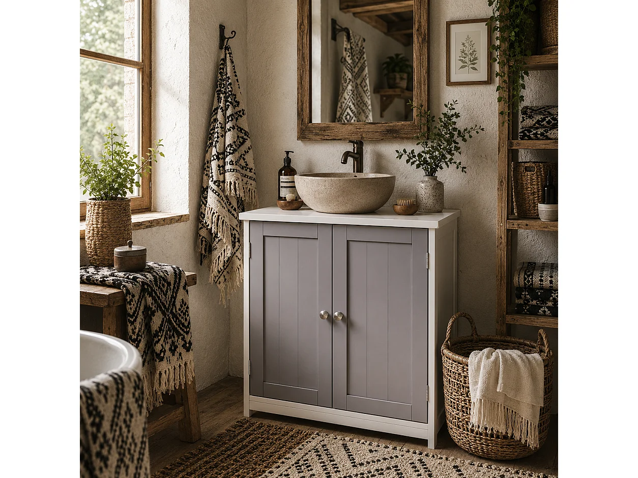 Rova Compact Under Sink Bathroom Storage Cabinet with Adjustable Shelf and Drain Cut Out White and Grey