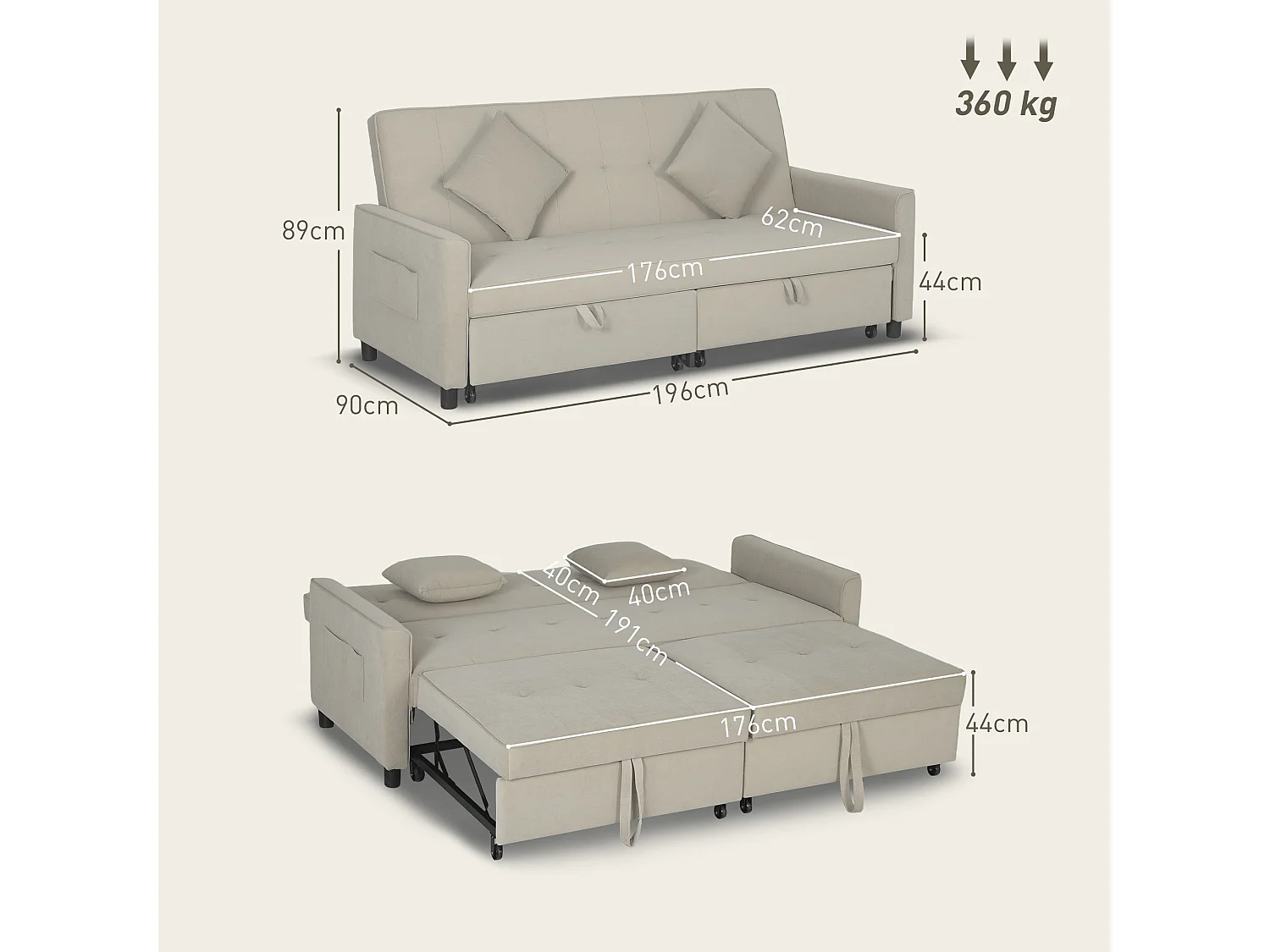 Yokari Beige Velvet Feel 3 Seater Convertible Sofa Bed Tufted