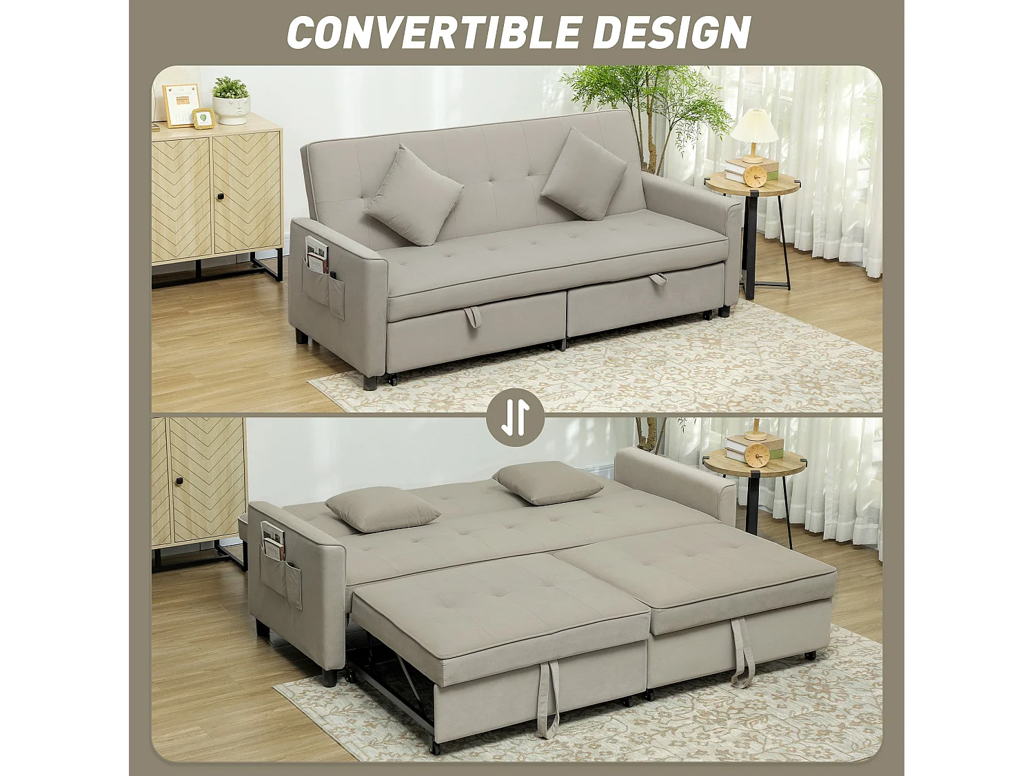Yokari Beige Velvet Feel 3 Seater Convertible Sofa Bed Tufted