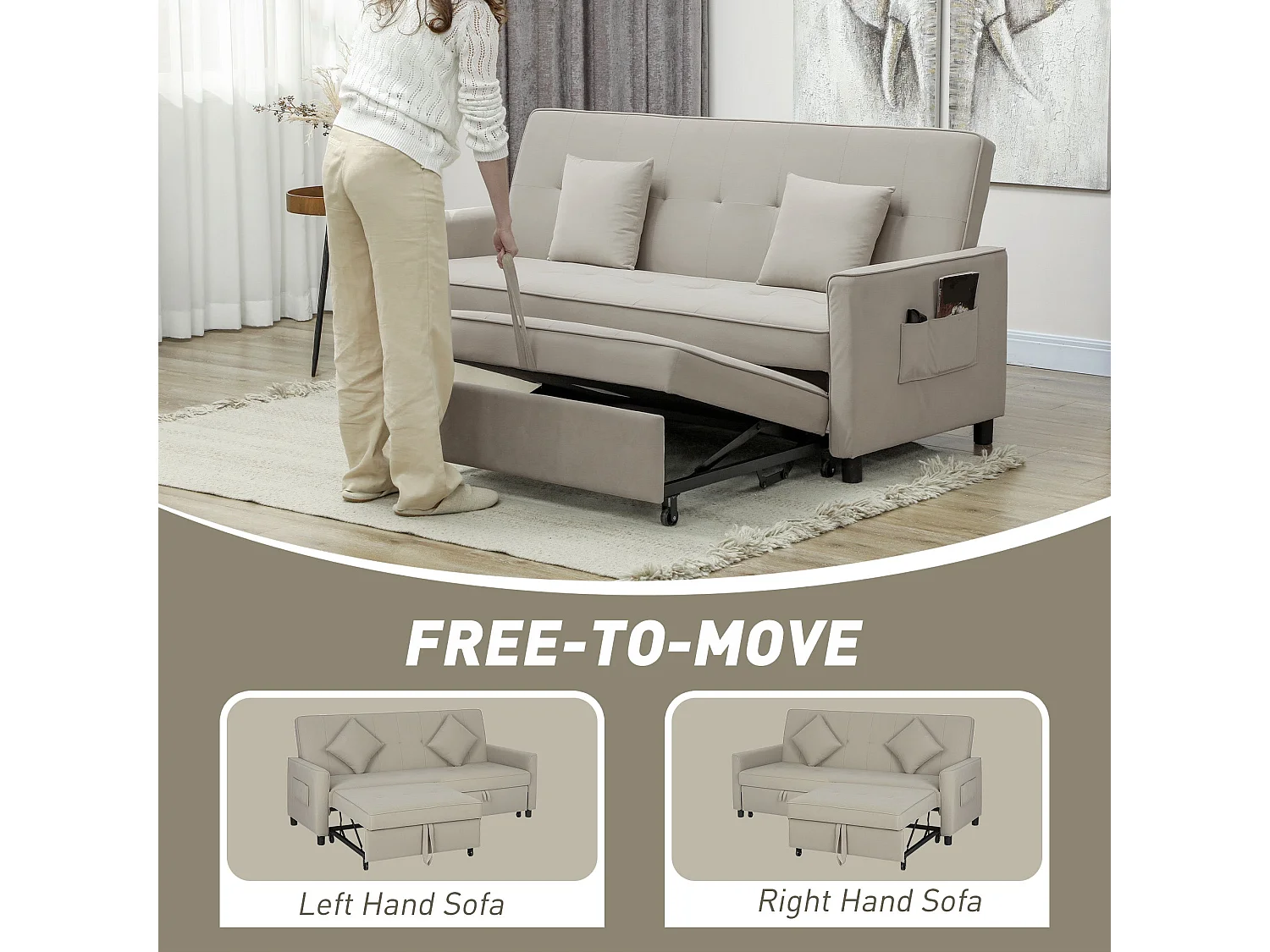 Yokari Beige Velvet Feel 3 Seater Convertible Sofa Bed Tufted