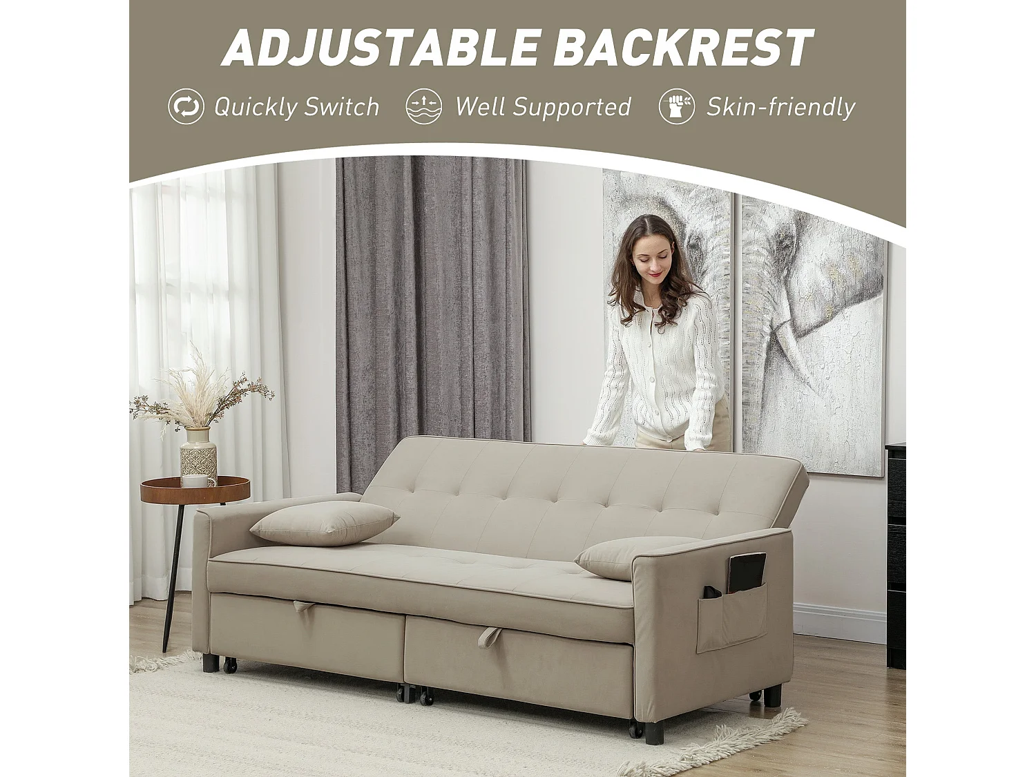 Yokari Beige Velvet Feel 3 Seater Convertible Sofa Bed Tufted