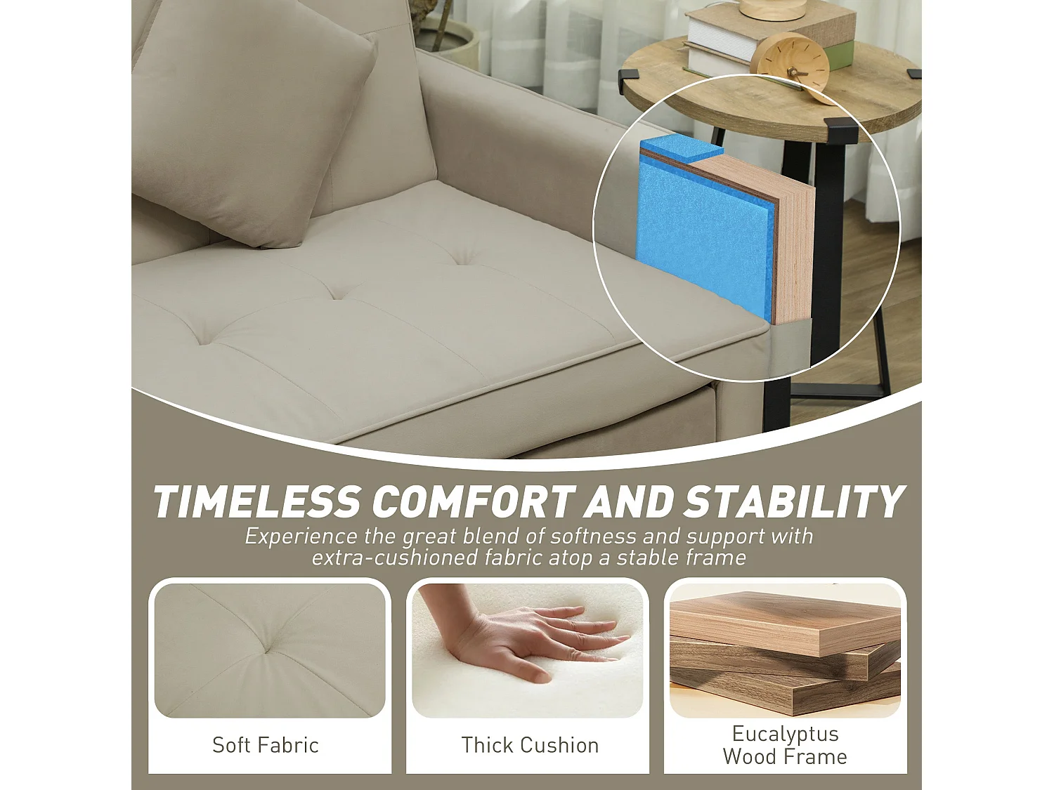 Yokari Beige Velvet Feel 3 Seater Convertible Sofa Bed Tufted