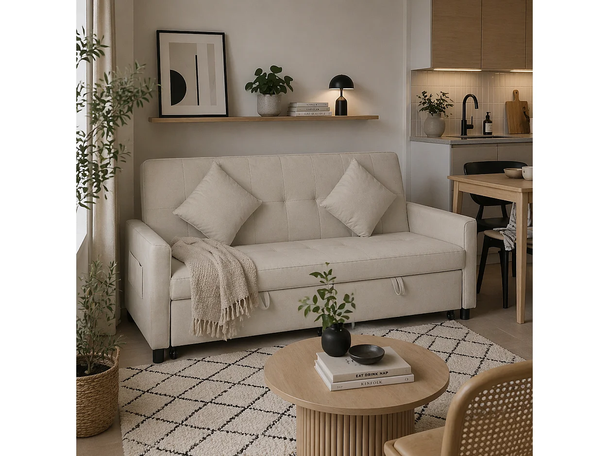 Yokari Beige Velvet Feel 3 Seater Convertible Sofa Bed Tufted