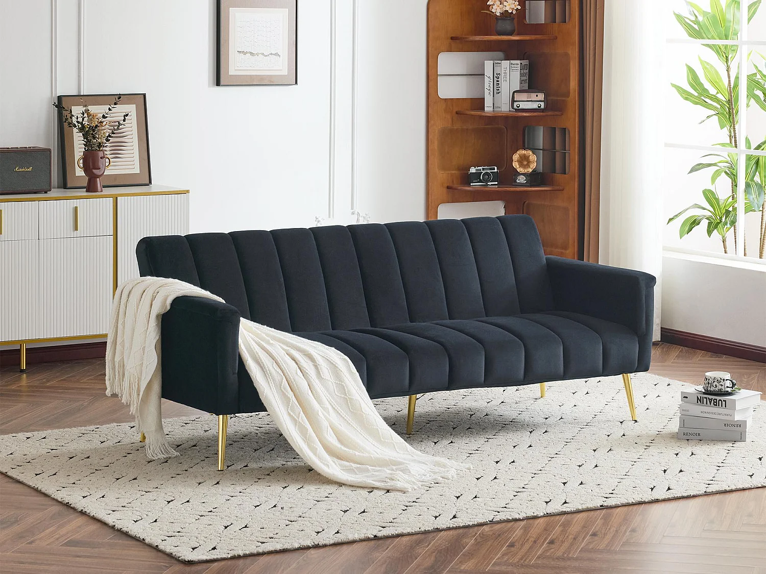 3-Sitzer-Schlafsofa aus Samtstoff – Schwarz