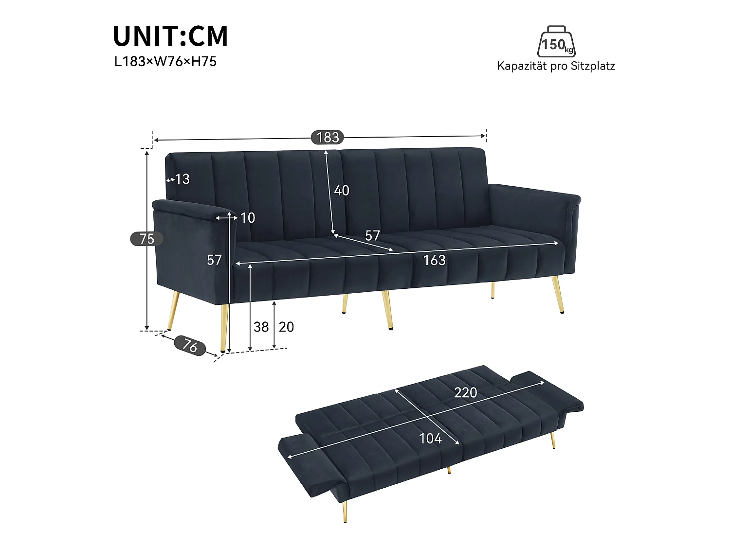 3-Sitzer-Schlafsofa aus Samtstoff – Schwarz