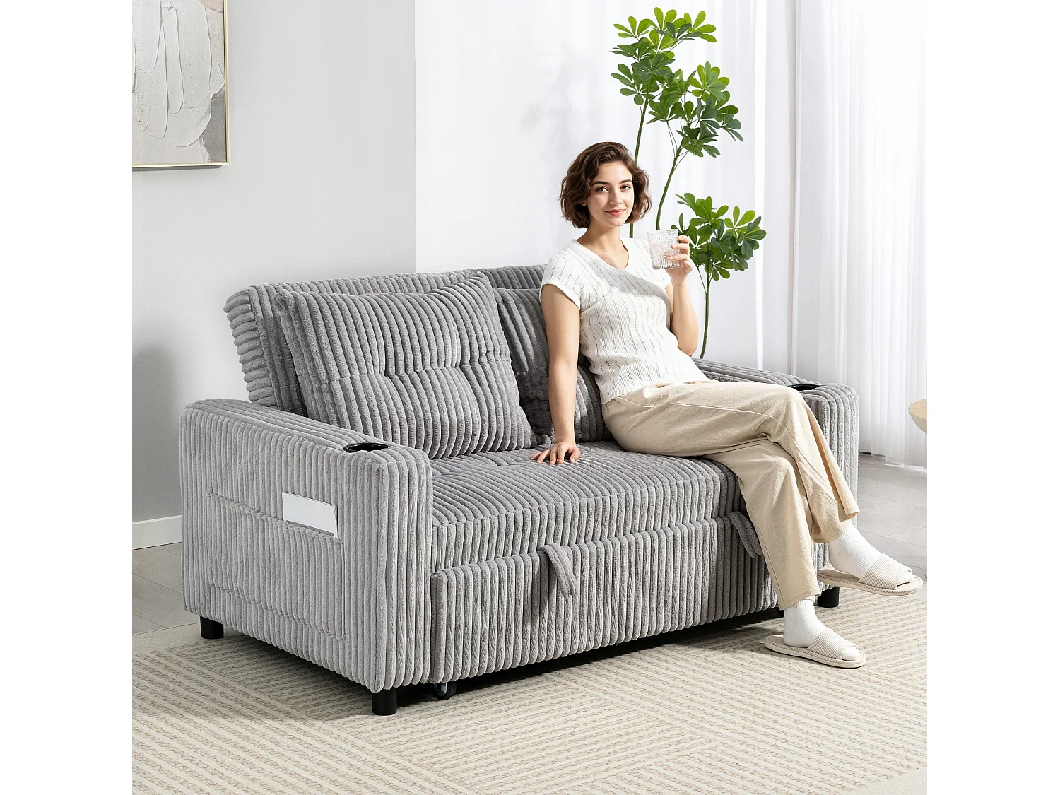 Lore Light Grey Corduroy 2 Seater Click Clack Sofa Bed