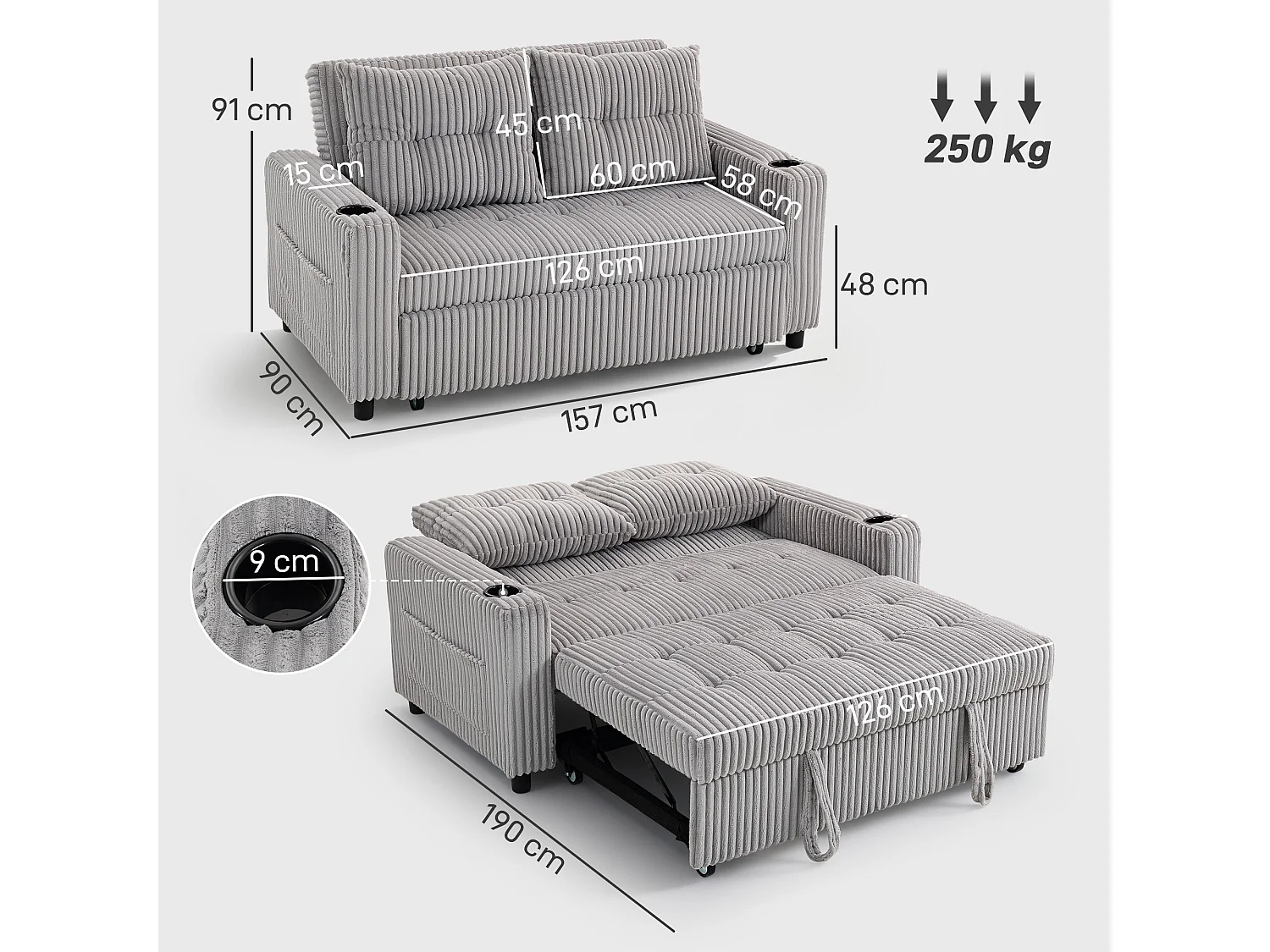 Lore Light Grey Corduroy 2 Seater Click Clack Sofa Bed