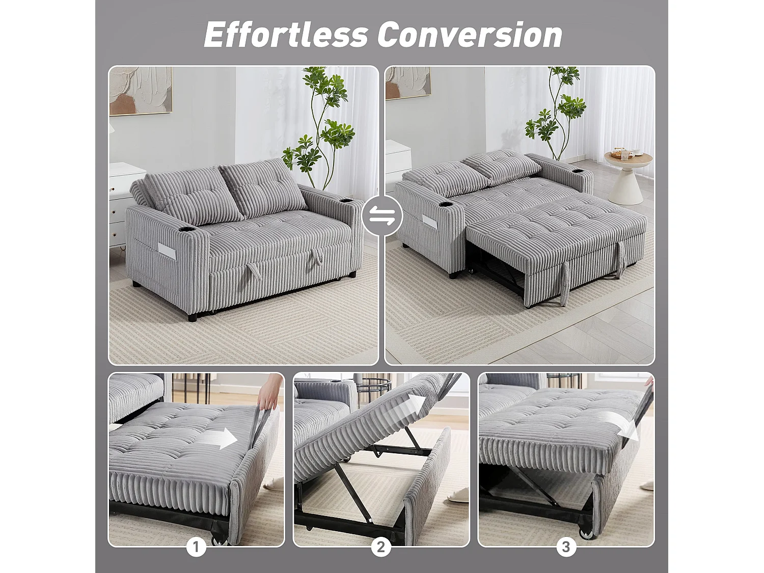 Lore Light Grey Corduroy 2 Seater Click Clack Sofa Bed