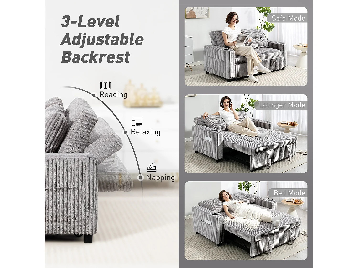 Lore Light Grey Corduroy 2 Seater Click Clack Sofa Bed