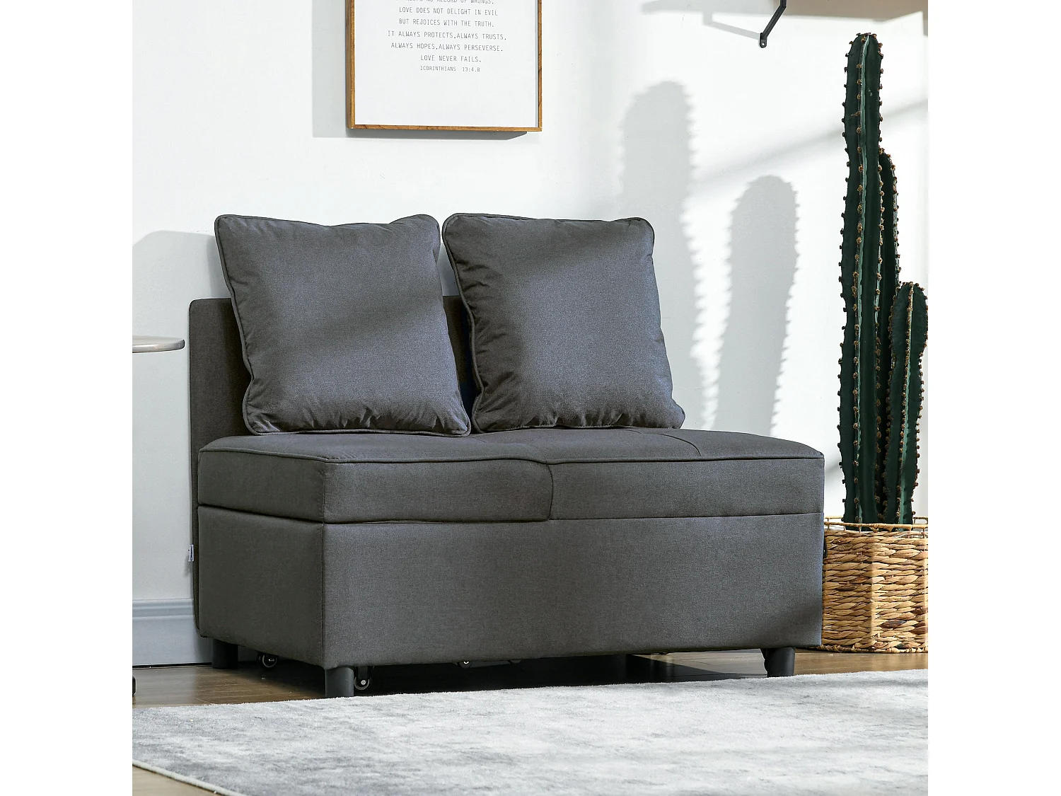 Lomo 3 in 1 Convertible Single Sofa Bed Grey Linen Look Adjustable Backrest Magazine Pocket