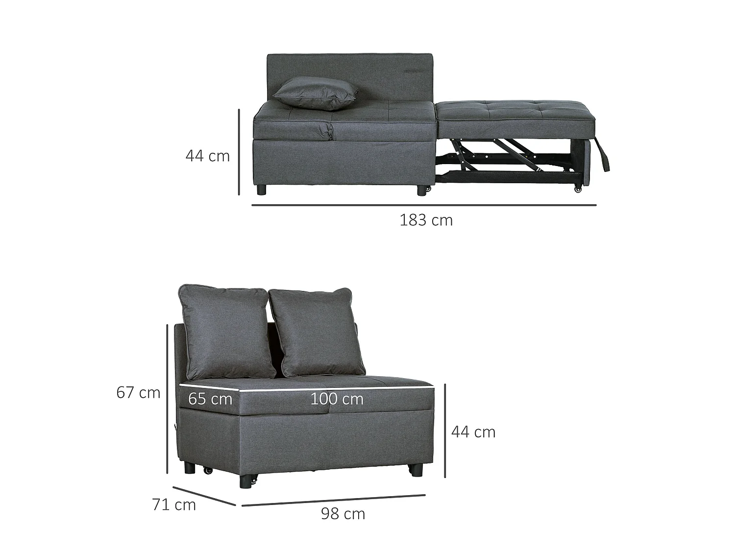 Lomo 3 in 1 Convertible Single Sofa Bed Grey Linen Look Adjustable Backrest Magazine Pocket