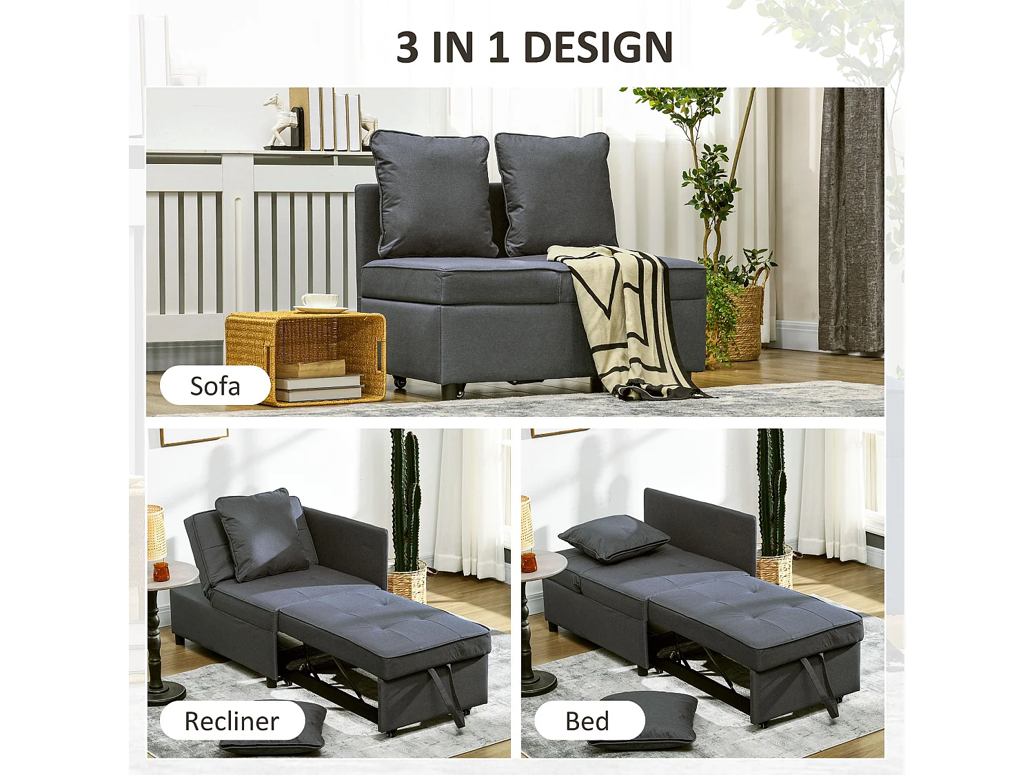 Lomo 3 in 1 Convertible Single Sofa Bed Grey Linen Look Adjustable Backrest Magazine Pocket